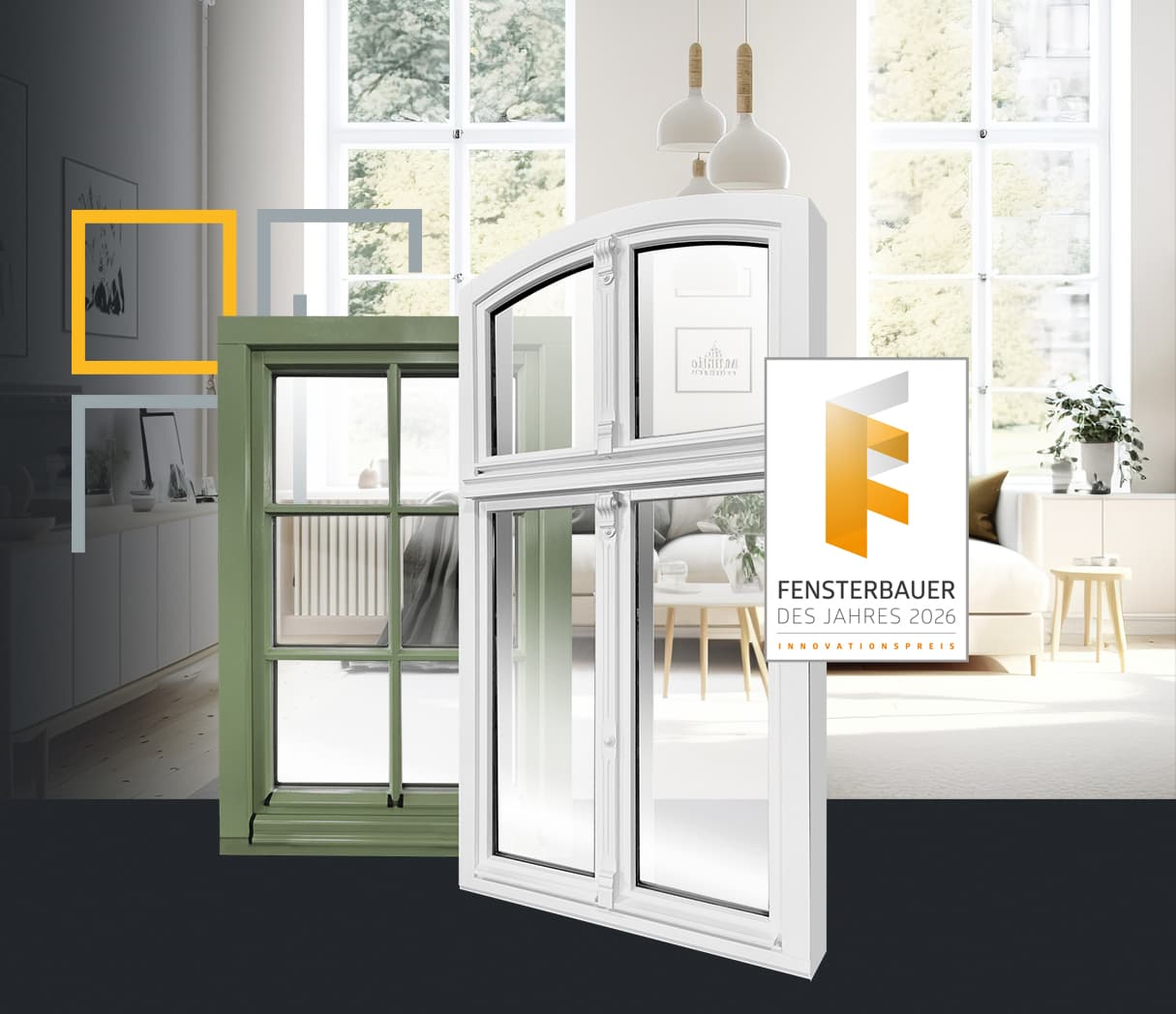 Holzfenster in Weiß und Grün vor hellem Wohnraum, ausgezeichnet als Fensterbauer des Jahres 2026
