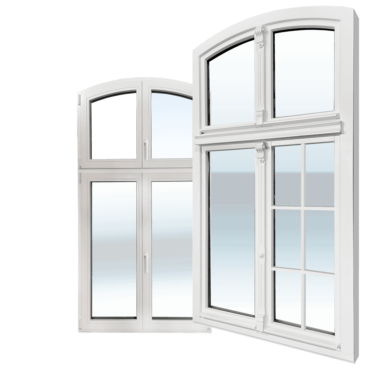 Holzfenster mit Rundbogen und Sprossenteilung, Bauteile markiert